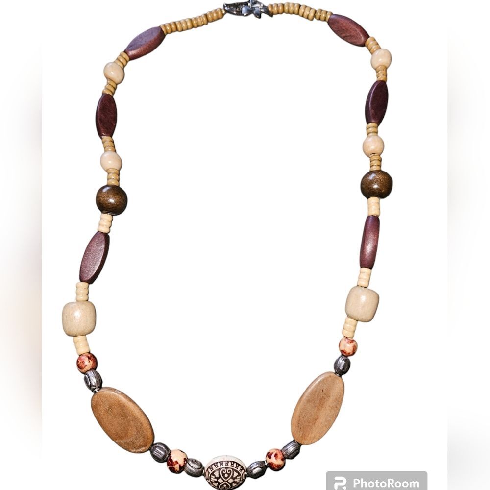 Natural Wood Bead Silver Tone Necklace Beaded Tribal Boho Hippie Tan Brown Cream